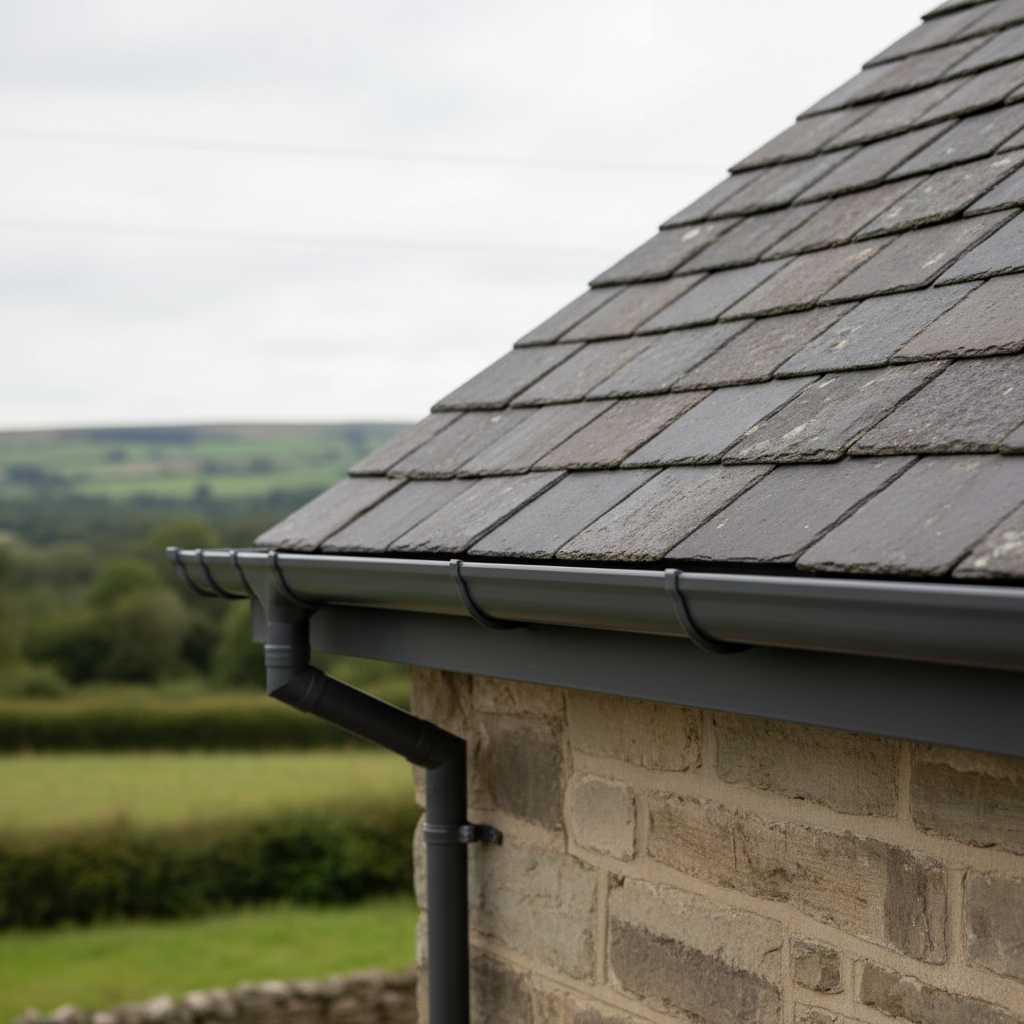 A detailed close-up of a pitched slate roof corner on a traditional stone house in the North of England, showcasing new seamless aluminium gutters and matching fascia. The dark, textured slate tiles contrast with the smooth, satin-finished gutter profile that runs perfectly straight along the eaves. Diffused afternoon light from an overcast sky eliminates harsh shadows, highlighting precise joints, clean drip edges, and secure brackets. Shot from a slightly low angle to emphasise the roofline against a soft, blurred backdrop of rolling countryside. The composition is tight and technical, with photographic realism that communicates craftsmanship, reliability, and long-term weather protection.