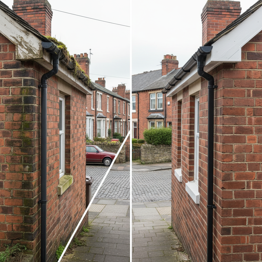 A before-and-after style composition of a traditional terraced house roof in West Yorkshire, divided diagonally. On one side, aged, overflowing gutters with staining on the brickwork; on the other, pristine seamless aluminium guttering with fresh fascias and neat downpipes. The environment is the same urban street, with cobbled pavement and stone walls, under bright but diffused daylight. The photographic realism clearly contrasts water damage and disrepair with clean lines and protective details. Shot straight on from across the street, with strong verticals and horizontals to emphasise the transformation and the benefits of professional installation and long-term protection.