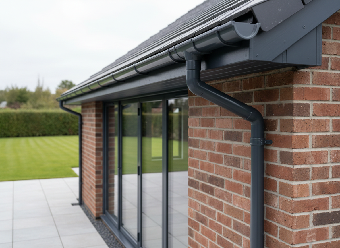 A long run of freshly installed seamless aluminium guttering in anthracite grey, crisply aligned along the edge of a modern detached brick home. The smooth, joint-free profile catches soft overcast daylight, with subtle reflections revealing its flawless powder-coated finish. Downpipes descend neatly against the wall, terminating above a clean paved patio with a manicured lawn beyond. Photographed at eye level from the corner of the property, the roofline leads the viewer’s eye into the frame. The atmosphere is professional and reassuring, with clean photographic realism, sharp focus throughout, and a balanced, uncluttered composition that emphasises quality workmanship and durability.
