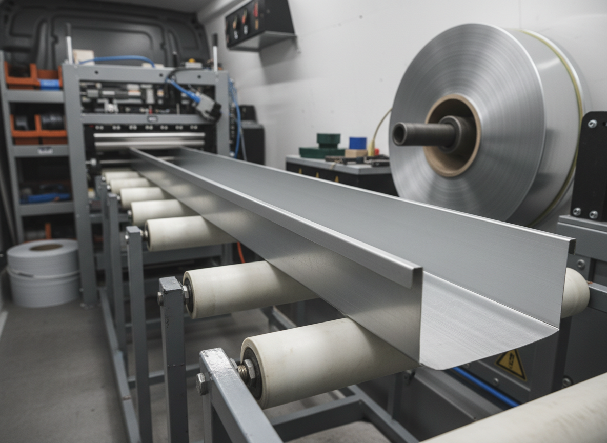 A close-up, technical-style photograph of a seamless aluminium gutter extrusion emerging from a specialist gutter forming machine inside a clean workshop van. The freshly formed length of gutter gleams in neutral grey, its continuous profile smooth and unblemished as it slides out over protective rollers. Cool, even interior lighting reveals fine details of the metal surface, the machine’s cutting head, and neatly stacked coils of aluminium in the background. The composition focuses on the transition from raw material to finished gutter, with shallow depth of field keeping the extrusion edge razor sharp. The mood is precise, engineered, and trustworthy, highlighting the advanced technology behind seamless systems.
