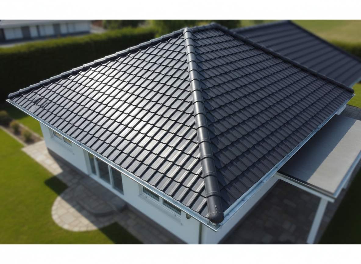 A bird’s-eye, slightly angled view of a long bungalow roof, showing continuous seamless aluminium gutters running uninterrupted around corners and over extended eaves. The roofing is dark concrete tile, with moss-free, well-maintained surfaces and clearly defined ridge lines. Bright but soft midday light ensures every bracket, joint, and outlet is visible without harsh glare. The garden below features neat lawns and a small patio, gently blurred to keep attention on the gutter path that encircles the building. The photographic realism and orderly composition convey thorough coverage, attention to detail, and suitability for larger or more complex guttering runs.