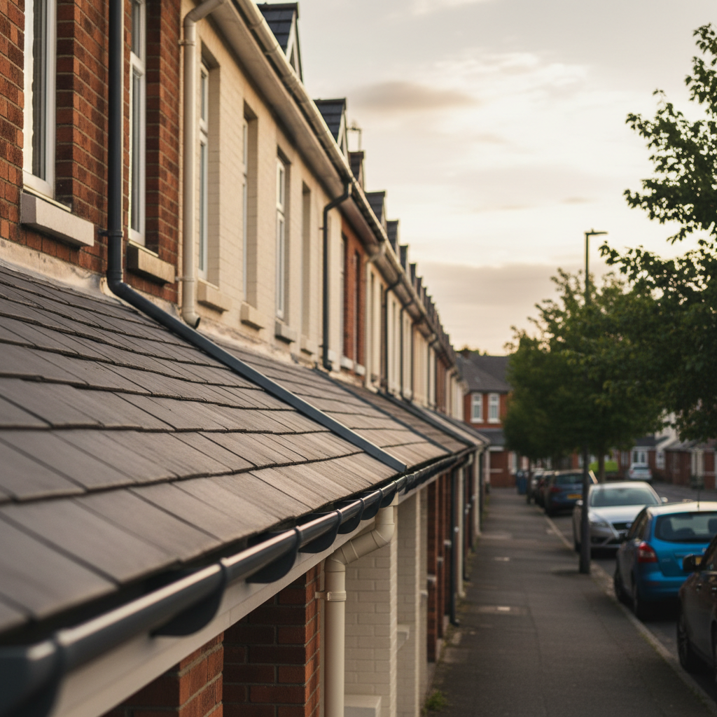 A wide photographic view of a semi-detached street of typical Lancashire and Yorkshire homes, each with recently upgraded seamless aluminium guttering and downpipes in complementary colours to their brick and render facades. The camera is positioned at a gentle upward angle from the pavement, following the continuous gutter lines across multiple houses. Soft early evening light creates a calm, neutral atmosphere, with faint reflections on the metal surfaces and gentle shadows under the eaves. The scene feels authentic and lived-in yet free of people, with parked cars and mature trees slightly blurred to keep the focus on the roof edges and gutter systems, suggesting local expertise and area coverage.